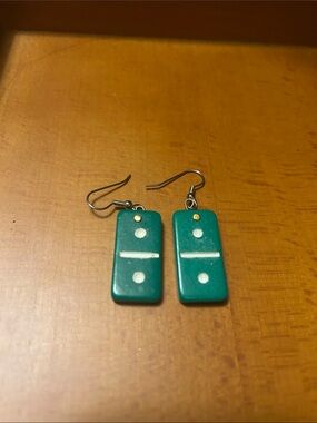 Vintage Teal Green Domino Tile Dangle Earrings